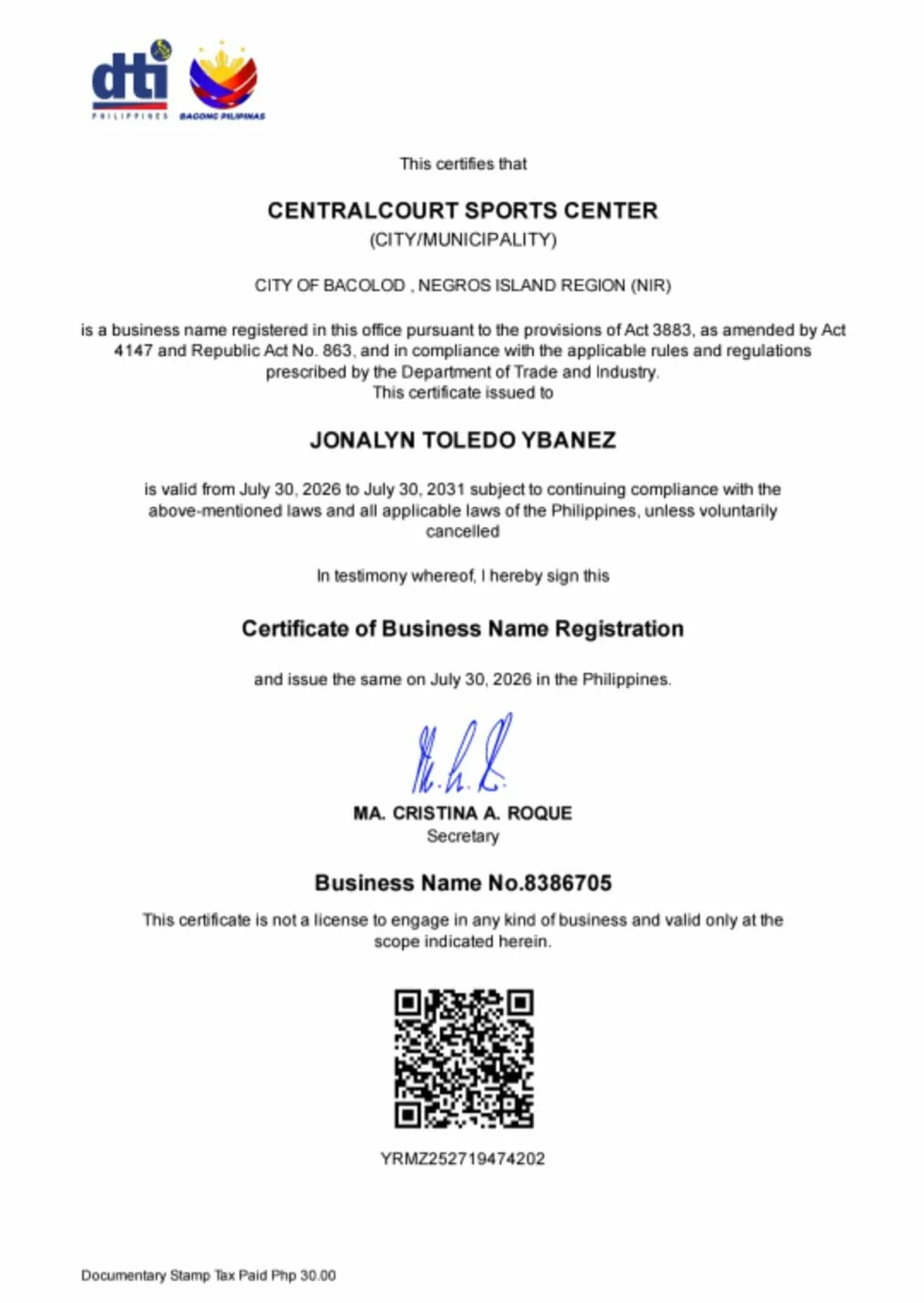 DTI Certificate of Business Name Registration for CentralCourt Sports Center